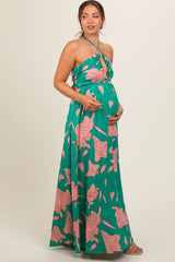 Green Floral Chiffon Front Ruched Halter Maternity Maxi Dress