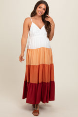 Peach V-Neck Tiered Color Block Maternity Midi Dress