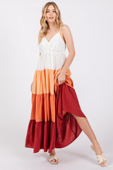 Peach V-Neck Tiered Color Block Maternity Midi Dress