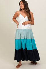 Aqua V-Neck Tiered Color Block Maternity Midi Dress