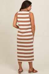 Brown Striped Polo Maternity Midi Dress