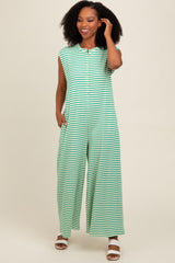 Green Striped Button Up Wide Leg Jumpsuit