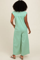 Green Striped Button Up Wide Leg Jumpsuit