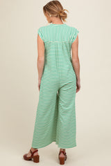 Green Striped Button Up Wide Leg Maternity Jumpsuit