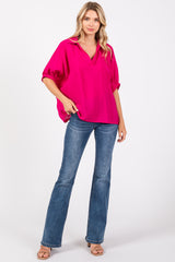 Fuchsia V-Neck Short Sleeve Top