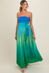 Blue Green Ombre Strapless Pleated Maternity Maxi Dress