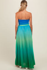 Blue Green Ombre Strapless Pleated Maternity Maxi Dress