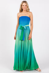 Blue Green Ombre Strapless Pleated Maxi Dress