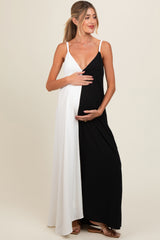 White Color Blocked V-Neck Maternity Maxi Dress