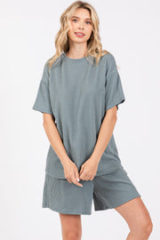 Teal Ribbed Short Sleeve Pajama Set