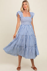 Blue Striped Smocked Ruffle Tiered Midi Dress