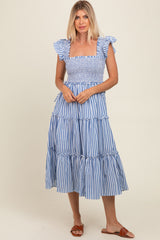 Blue Striped Smocked Ruffle Tiered Midi Dress