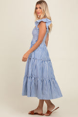 Blue Striped Smocked Ruffle Tiered Midi Dress