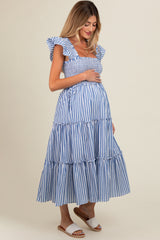 Blue Striped Smocked Ruffle Tiered Maternity Midi Dress