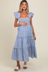 Blue Striped Smocked Ruffle Tiered Maternity Midi Dress