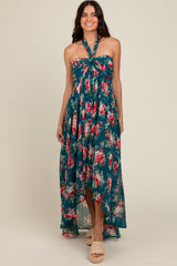 Teal Floral Halter Tie Back Hi-Lo Dress