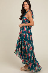 Teal Floral Halter Tie Back Hi-Lo Dress