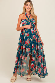 Teal Floral Halter Tie Back Hi-Lo Maternity Dress