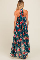 Teal Floral Halter Tie Back Hi-Lo Maternity Dress