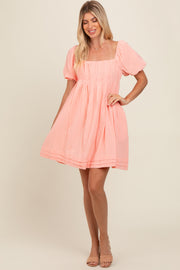 Peach Puff Sleeve Layered Hem Dress