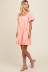 Peach Puff Sleeve Layered Hem Dress