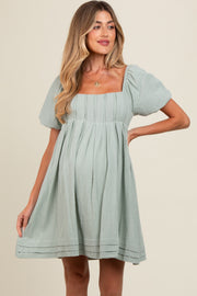 Light Olive Puff Sleeve Layered Hem Maternity Dress