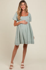 Light Olive Puff Sleeve Layered Hem Maternity Dress