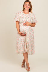 Cream Floral Smocked Puff Sleeve Maternity Plus Midi Dress