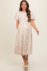 Cream Floral Smocked Puff Sleeve Maternity Midi Dress