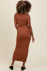 Brown Cowl Neck Ruched Sleeveless Midi Dress