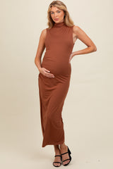 Brown Cowl Neck Ruched Sleeveless Maternity Midi Dress