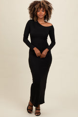 Black One Shoulder Long Sleeve Maternity Midi Dress