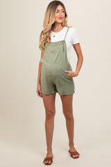 Light Olive Front Pocket Maternity Overall Shorts