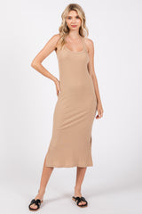 Beige Ribbed Racerback Maternity Midi Dress