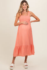 Coral Smocked Bodice Maternity Maxi Dress