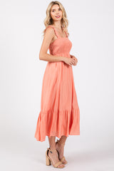 Coral Smocked Bodice Maxi Dress