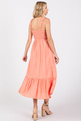 Coral Smocked Bodice Maxi Dress