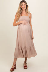 Taupe Smocked Bodice Maternity Maxi Dress