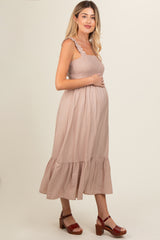 Taupe Smocked Bodice Maternity Maxi Dress