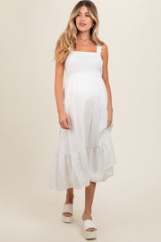 White Smocked Bodice Maternity Maxi Dress