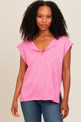 Pink Two Tone Split V-Neck Dolman Short Sleeve Top