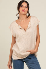 Beige Two Tone Split V-Neck Dolman Short Sleeve Top