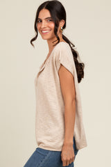 Beige Two Tone Split V-Neck Dolman Short Sleeve Top