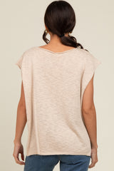 Beige Two Tone Split V-Neck Dolman Short Sleeve Top