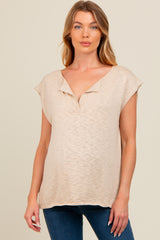 Beige Two Tone Split V-Neck Dolman Short Sleeve Maternity Top