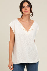 Ivory Two Tone Split V-Neck Dolman Short Sleeve Top