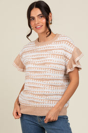 Beige Textured Stripe Ruffle Short Sleeve Sweater