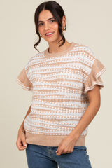 Beige Textured Stripe Ruffle Short Sleeve Maternity Sweater