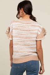 Beige Textured Stripe Ruffle Short Sleeve Sweater