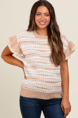 Beige Textured Stripe Ruffle Short Sleeve Maternity Sweater